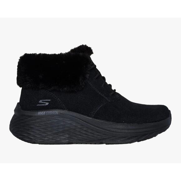 SKECHERS Sz 9.5 Max Cushion Anti Slip Winter Boots Faux Suede and Fur Trim Black - Picture 2 of 11